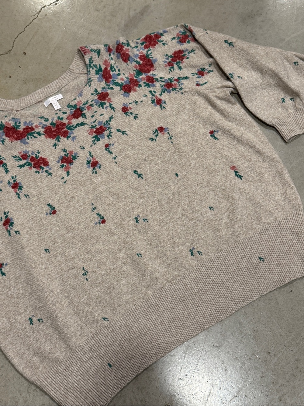 LC Lauren Conrad Beige Crewneck Sweater with Red Floral Motif